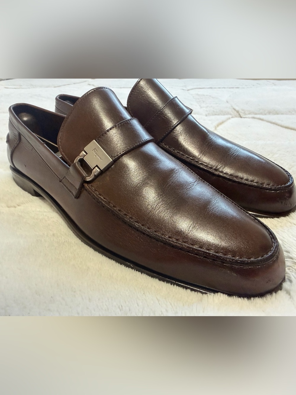 $795 Salvatore Ferragamo Brown Leather Strap Gancini Bit Loafers 8.5 D